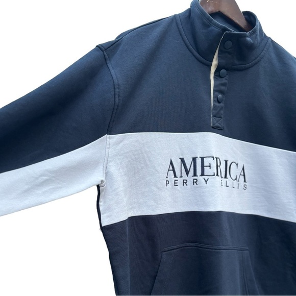 Perry Ellis America Navy Blue & White Pullover Fleece Sweater Size M w/ Pocket - Picture 11 of 13